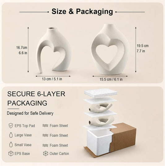 White Ceramic Flower Vase Home Table Decor Heart Shaped Vase Set of 2 | Boho Heart Shaped Minimalist Decorative Vases for coffee Table Centerpiece Wedding Dining Living Room Office House Decoration