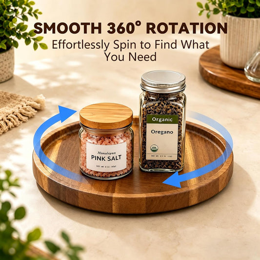 10" Acacia Wood Lazy Susan Organizer Rotating Spice Turntable | for Kitchen Cabinet, Pantry, Countertop & Dining Tabletop, Raised Rim Design, No Assembly, Easy-Clean Surface