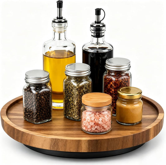 10" Acacia Wood Lazy Susan Organizer Rotating Spice Turntable | for Kitchen Cabinet, Pantry, Countertop & Dining Tabletop, Raised Rim Design, No Assembly, Easy-Clean Surface
