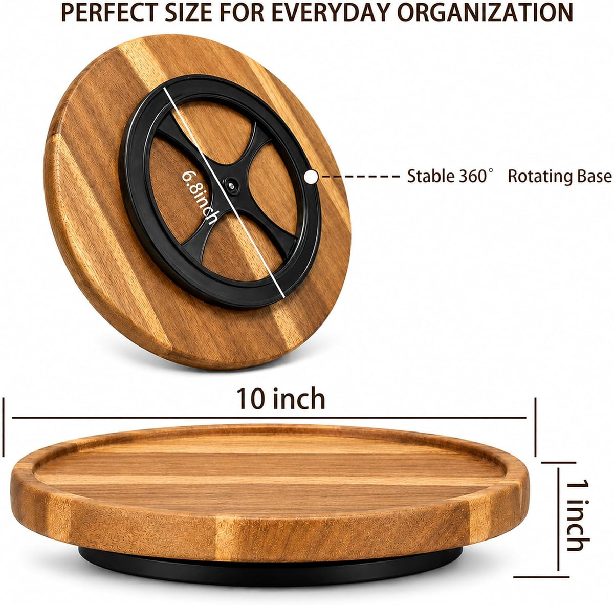 10" Acacia Wood Lazy Susan Organizer Rotating Spice Turntable | for Kitchen Cabinet, Pantry, Countertop & Dining Tabletop, Raised Rim Design, No Assembly, Easy-Clean Surface