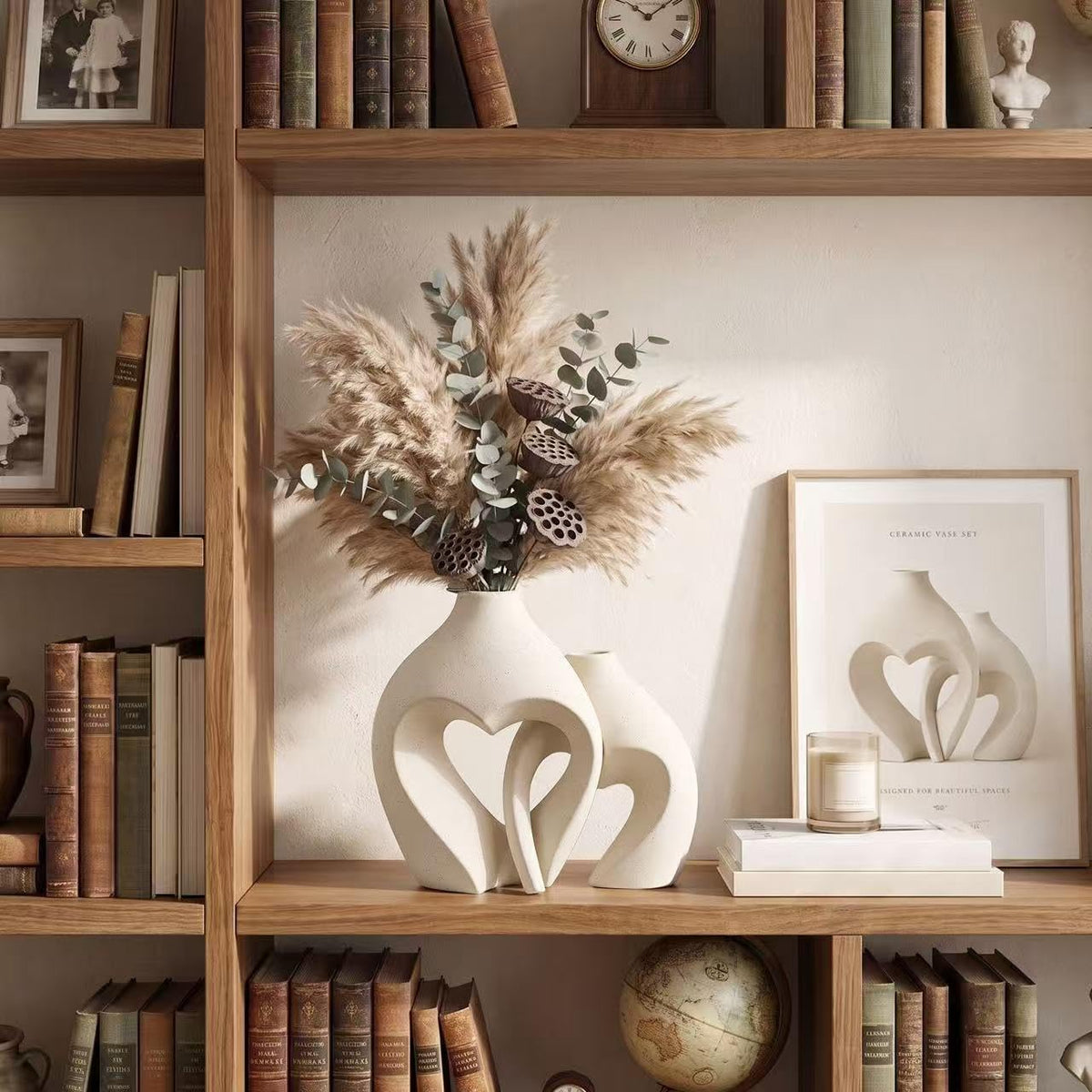 White Ceramic Flower Vase Home Table Decor Heart Shaped Vase Set of 2 | Boho Heart Shaped Minimalist Decorative Vases for coffee Table Centerpiece Wedding Dining Living Room Office House Decoration