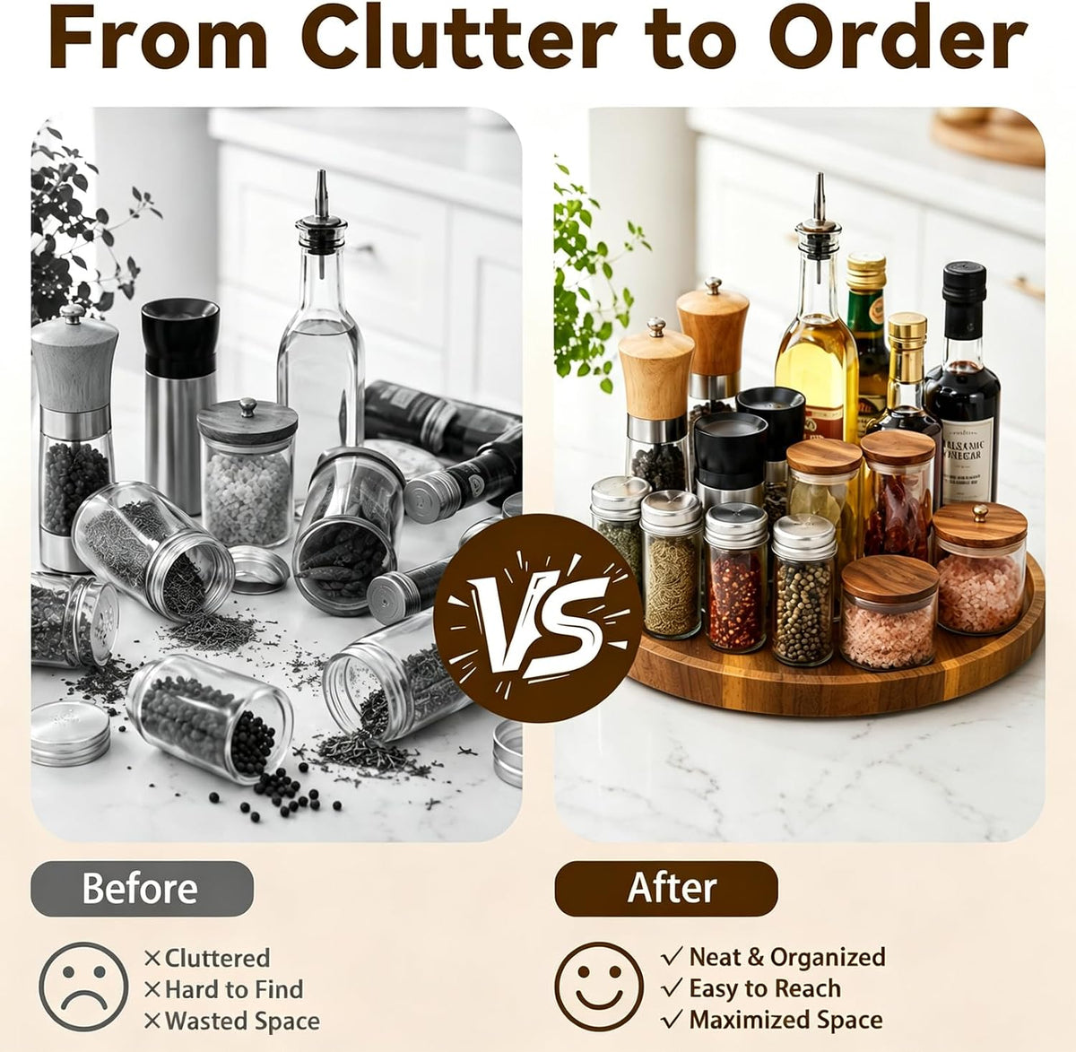 10" Acacia Wood Lazy Susan Organizer Rotating Spice Turntable | for Kitchen Cabinet, Pantry, Countertop & Dining Tabletop, Raised Rim Design, No Assembly, Easy-Clean Surface