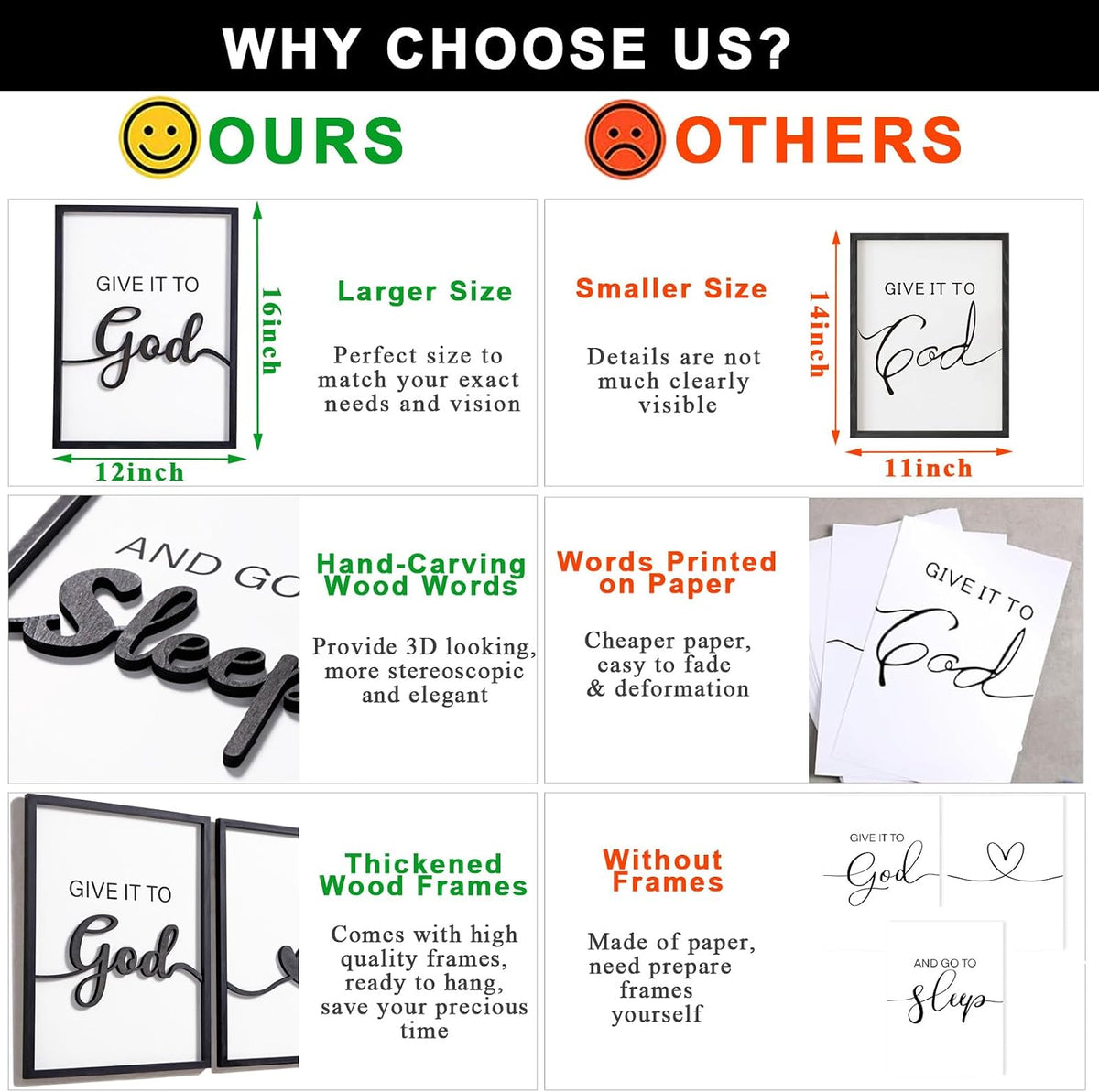 3D Wood Give it to God and Go to Sleep Signs 36x16”, Above Bed Wall Decors, Black And White 3D Bedroom Wall Art (12x16 inches, Set of 3, Framed)