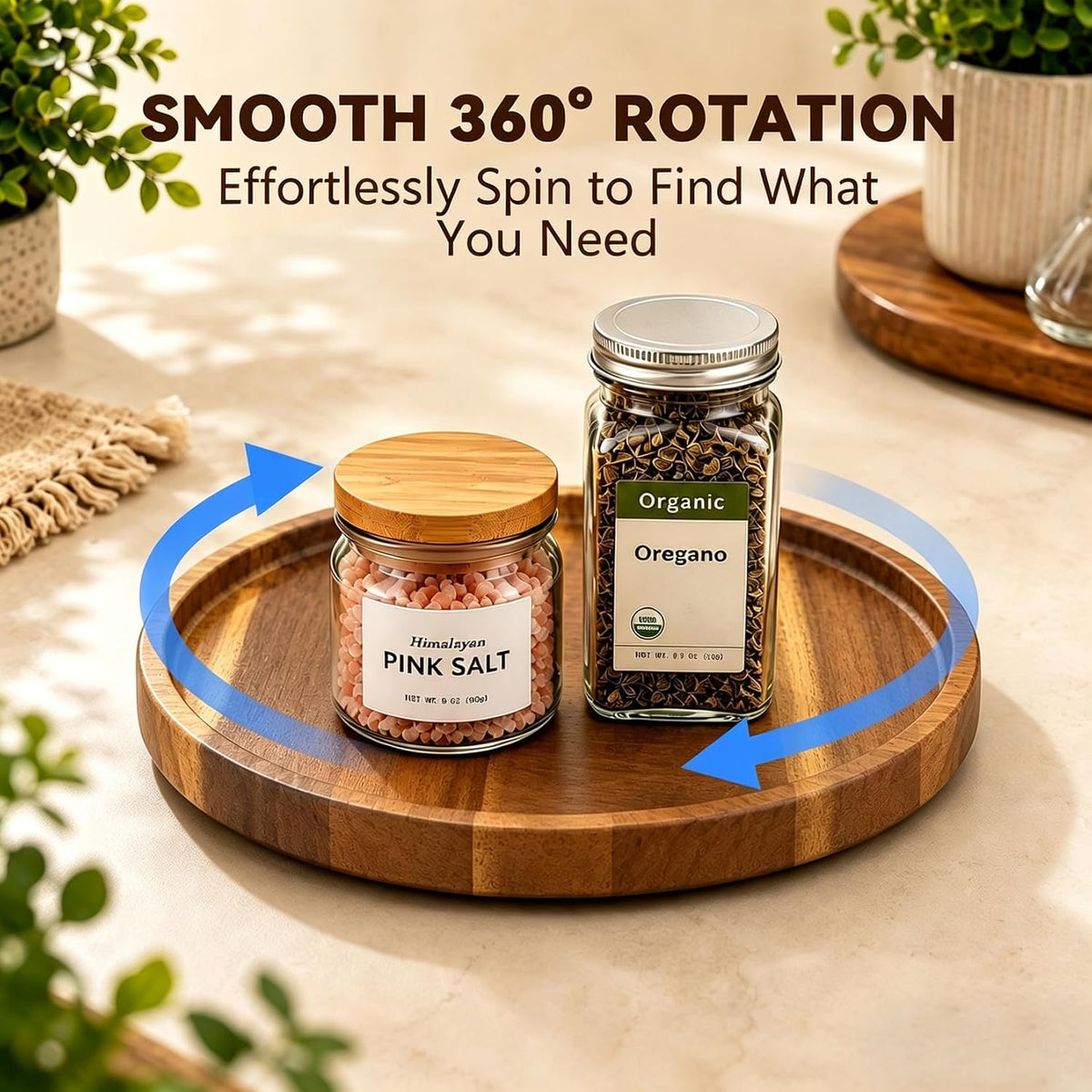 10" Acacia Wood Lazy Susan Organizer Rotating Spice Turntable | for Kitchen Cabinet, Pantry, Countertop & Dining Tabletop, Raised Rim Design, No Assembly, Easy-Clean Surface