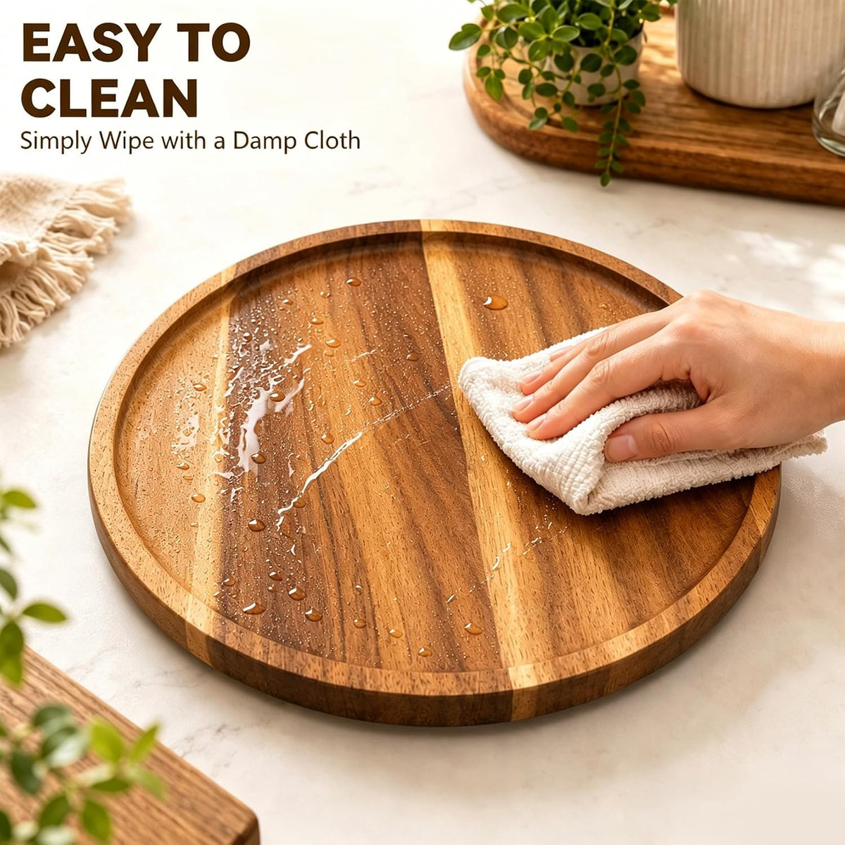 10" Acacia Wood Lazy Susan Organizer Rotating Spice Turntable | for Kitchen Cabinet, Pantry, Countertop & Dining Tabletop, Raised Rim Design, No Assembly, Easy-Clean Surface