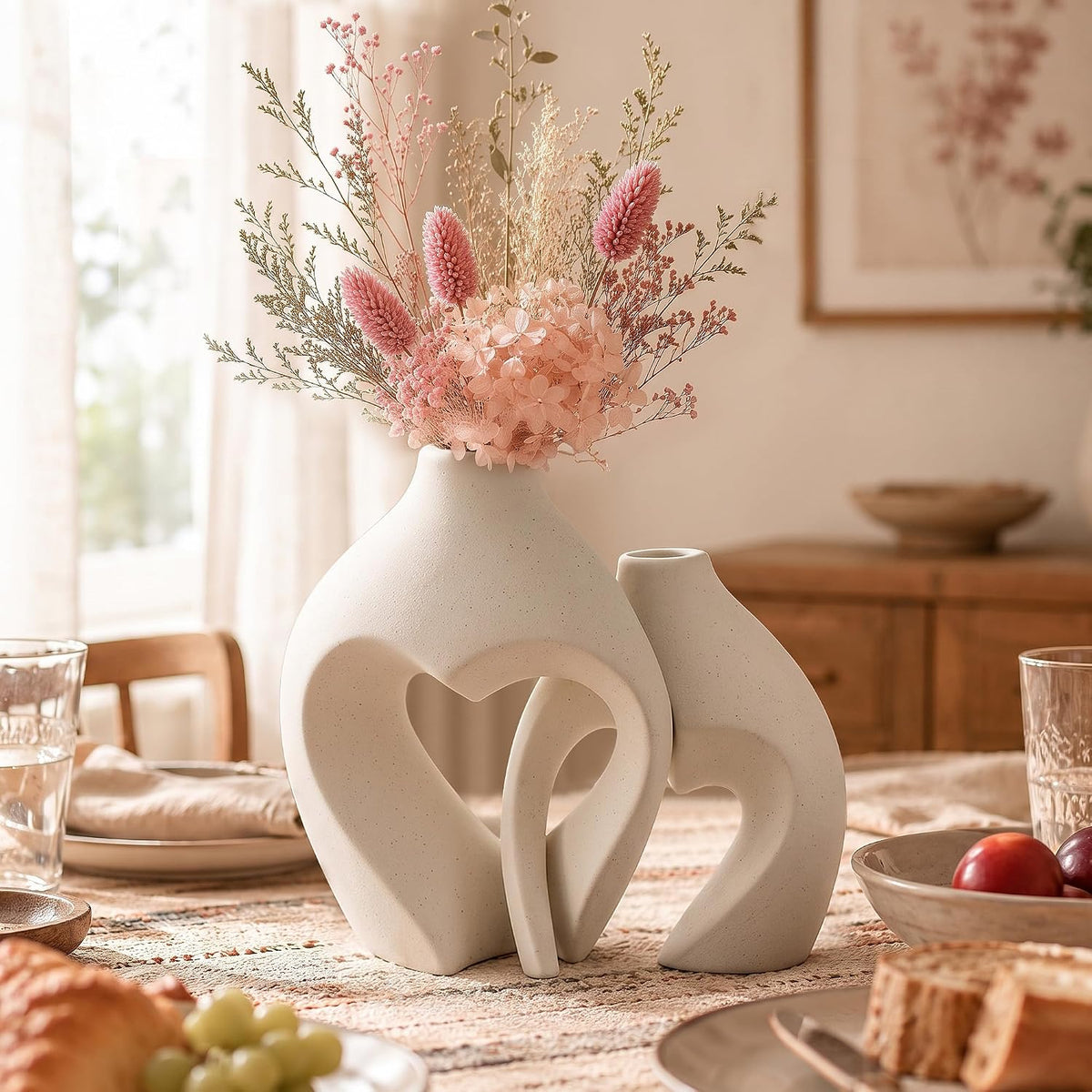 White Ceramic Flower Vase Home Table Decor Heart Shaped Vase Set of 2 | Boho Heart Shaped Minimalist Decorative Vases for coffee Table Centerpiece Wedding Dining Living Room Office House Decoration