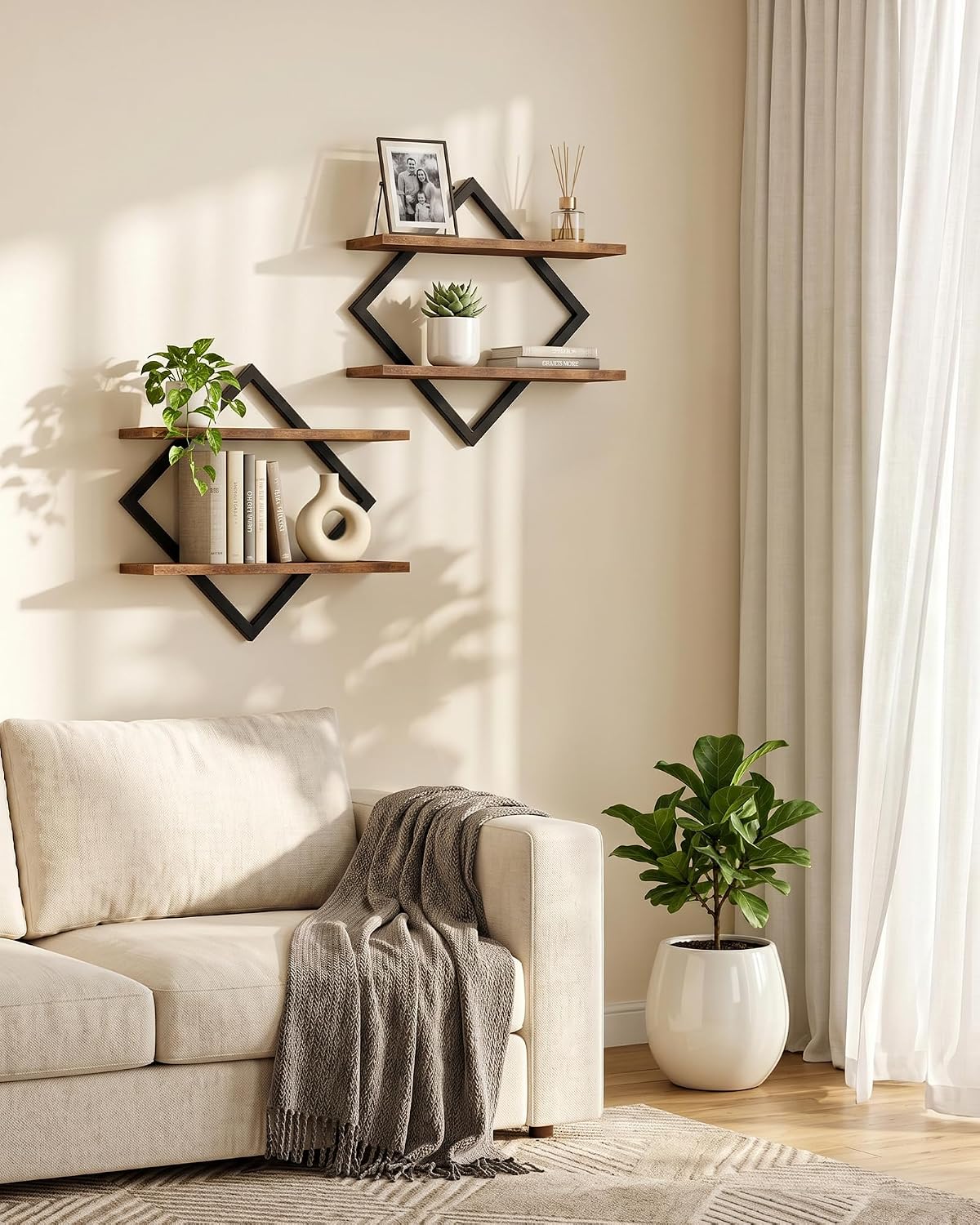 Floating Shelves, Set of 2 Wall Shelves, 2-Tier Hanging Shelves, Wall Shelf Set of 2, Wall Mounted Shelves, for Living Room, Bedroom, Kitchen, Office, Study, Rustic Brown TBJ01P2BF
