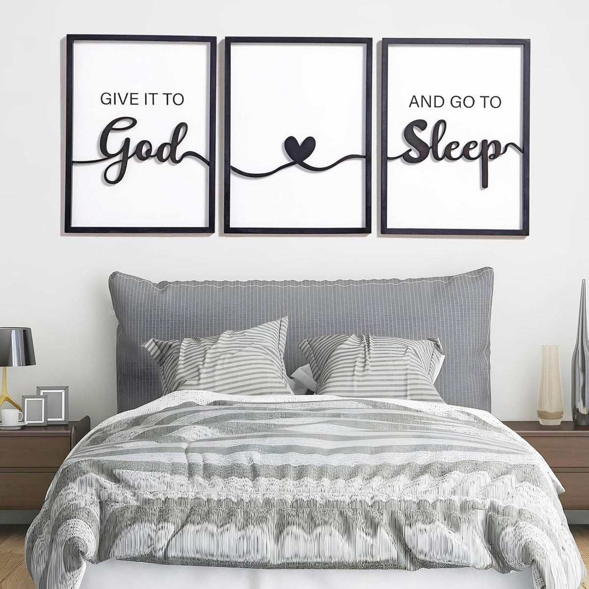 3D Wood Give it to God and Go to Sleep Signs 36x16”, Above Bed Wall Decors, Black And White 3D Bedroom Wall Art (12x16 inches, Set of 3, Framed)