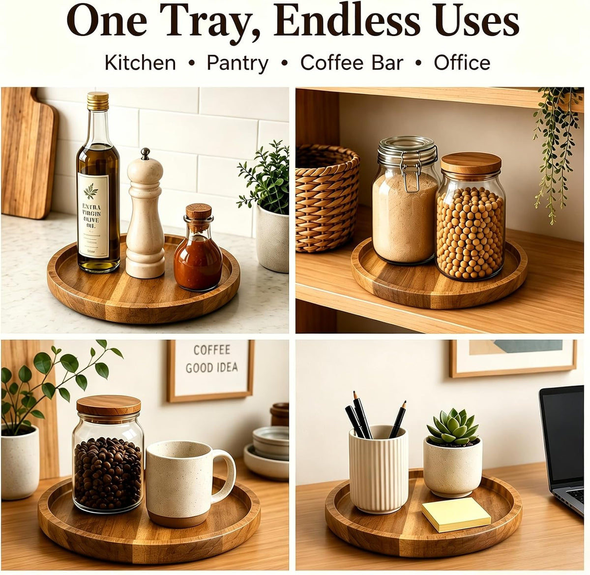 10" Acacia Wood Lazy Susan Organizer Rotating Spice Turntable | for Kitchen Cabinet, Pantry, Countertop & Dining Tabletop, Raised Rim Design, No Assembly, Easy-Clean Surface
