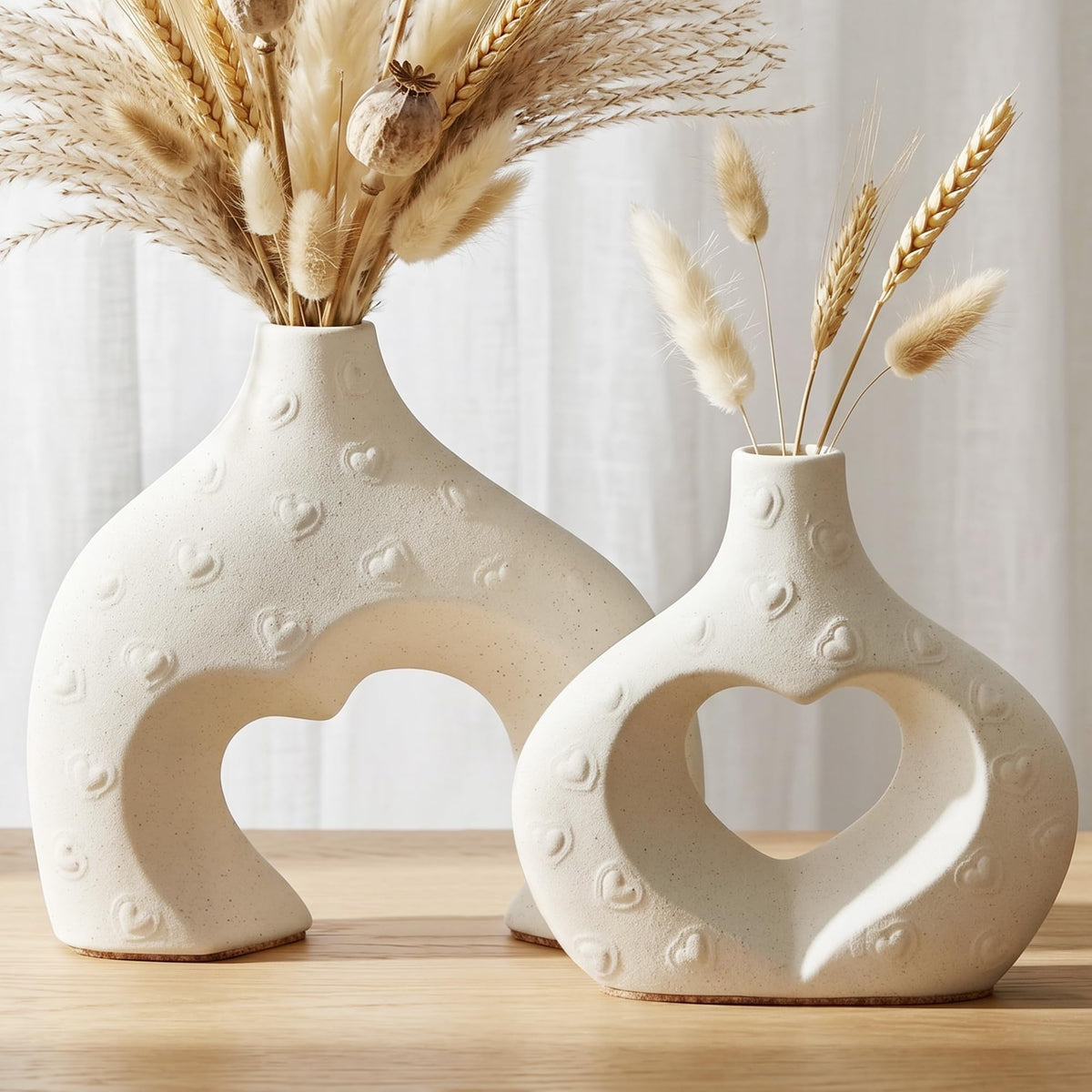 White Ceramic Flower Vase Home Table Decor Heart Shaped Vase Set of 2 | Boho Heart Shaped Minimalist Decorative Vases for coffee Table Centerpiece Wedding Dining Living Room Office House Decoration