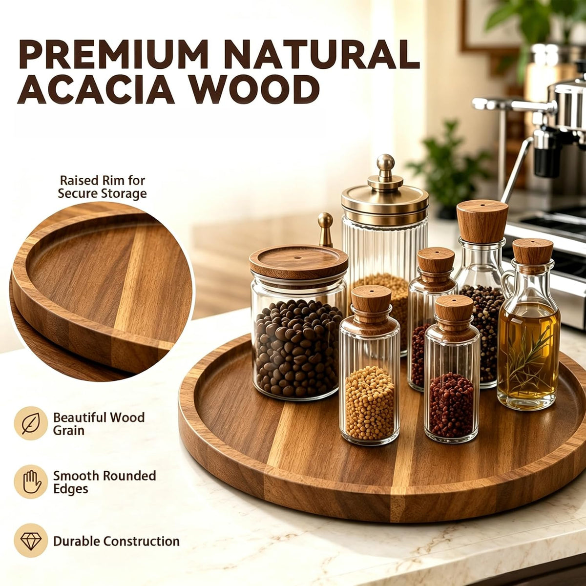 10" Acacia Wood Lazy Susan Organizer Rotating Spice Turntable | for Kitchen Cabinet, Pantry, Countertop & Dining Tabletop, Raised Rim Design, No Assembly, Easy-Clean Surface